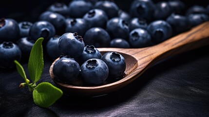 Fresh blueberries in a wooden spoon, perfect for food and nutrition concepts