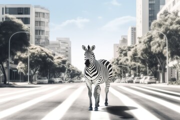Fototapeta premium A zebra standing in the middle of a street, suitable for various urban concepts