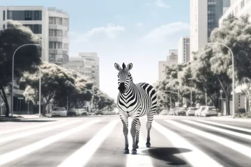 Selbstklebende Fototapeten A zebra standing in the middle of a street, suitable for various urban concepts © Fotograf