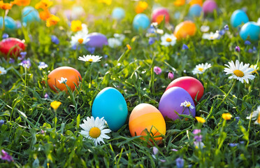 Fototapeta na wymiar Easter decorated egg on spring meadow