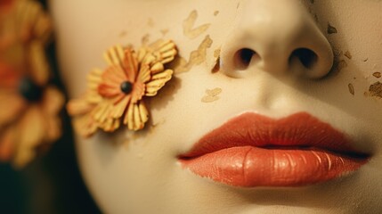 Close-up of a mannequin's face adorned with flowers. Suitable for fashion and beauty concepts