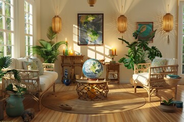 A bright, airy living room elegantly decorated for Earth Day, featuring sustainable bamboo flooring and a collection of indoor plants that breathe life into the space.