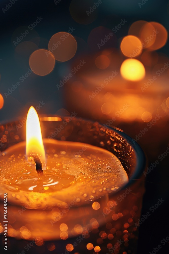 Poster close-up of a lit candle on a table, suitable for various concepts