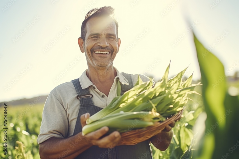 Poster a man standing in a field holding a bunch of corn. suitable for agricultural concepts