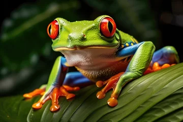 Muurstickers A red-eyed frog sitting on top of a green leaf. Ideal for nature and wildlife concepts © Fotograf