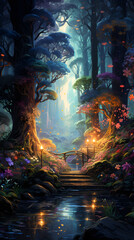 A woodland scene with mystical creatures and vibrant flora provides an enchanting and imaginative mobile wallpaper, Generative AI
