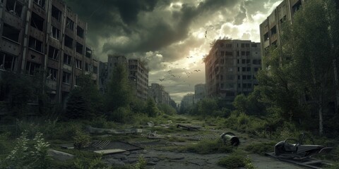 A fiery sunset looms over the ruins of an abandoned industrial factory, where nature slowly encroaches upon man-made structures. Resplendent.