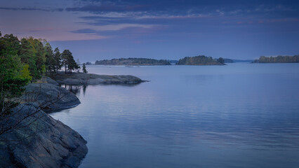 Beautiful sunrise over the sea in Finland. Sunrise in Scandinavia. Sunrise in Helsinki on the island.
