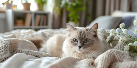 Professional photo of a Ragdoll cat relaxing in a modern room with copy space. Concept Cat photography, Pet portraits, Indoor setting, Modern interior design, Copy space