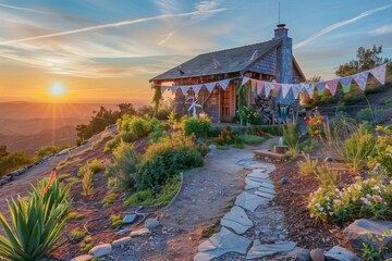 A charming cottage atop a hill, adorned with Earth Day decorations that blend naturally into the scenic landscape.