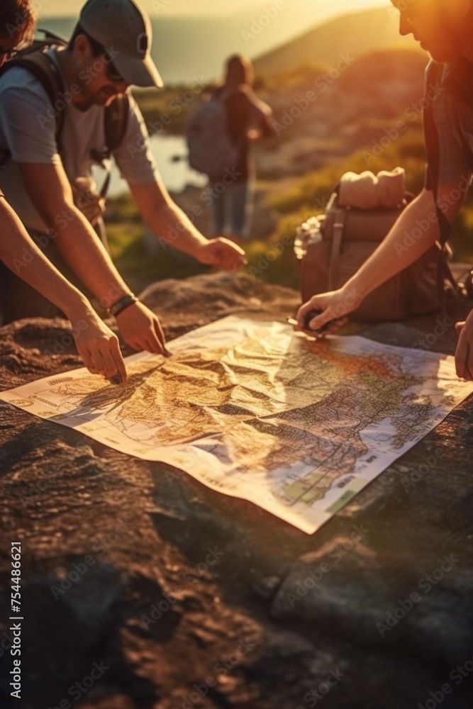 Aufkleber A group of people studying a map for directions. Suitable for travel and navigation concepts