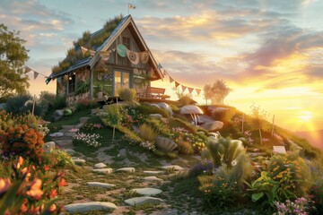 A charming cottage atop a hill, adorned with Earth Day decorations that blend naturally into the scenic landscape. - obrazy, fototapety, plakaty
