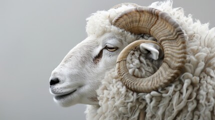 Close-up portrait of a ram with long horns on a gray background