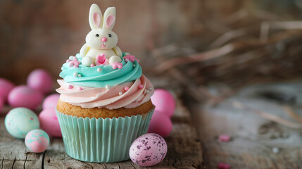 Easter cupcake decorated with color frosting and sugar bunny figure