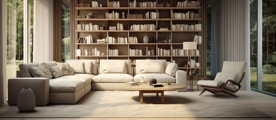In this modern living room, various furniture pieces like sofas, armchairs, coffee tables, and rugs...