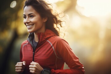 A woman in a red jacket running outdoors. Suitable for fitness or active lifestyle concepts - obrazy, fototapety, plakaty