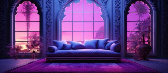 A modern couch placed in front of a window in a living room with luxurious Ultraviolet home decor elements such as a purple carpet, vase, light purple door, and wood floor.