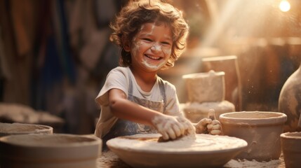 Curly-haired cheerful boy potter in a protective apron working hard on a clay product in a pottery workshop - obrazy, fototapety, plakaty
