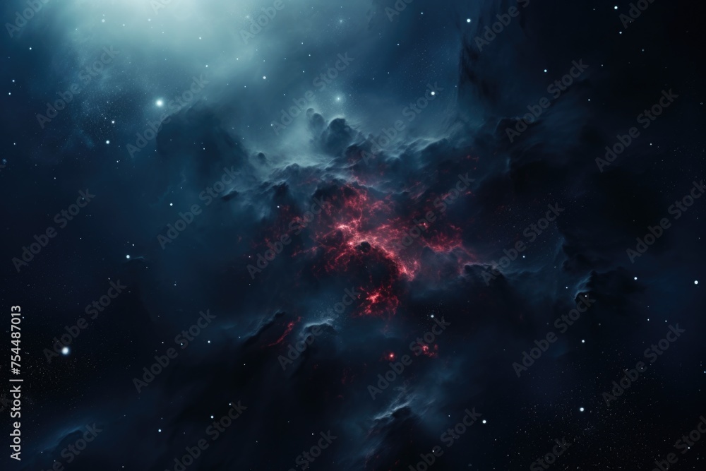 Poster A mesmerizing image of a dark blue and red nebula with stars in the background. Perfect for science and space-themed designs