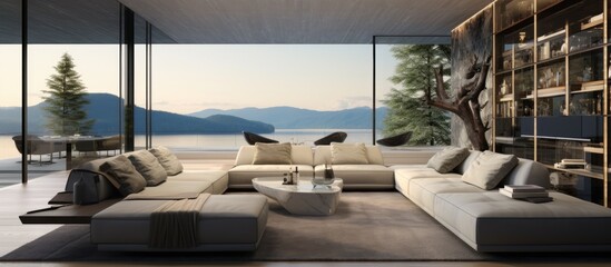 Fototapeta premium A modern living room featuring a large couch placed in the center, adorned with plush cushions. A sleek bookshelf stands against the wall, showcasing an array of books.