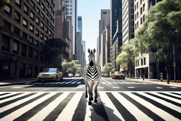 Poster Zebra walking across a city crosswalk, suitable for urban concepts © Fotograf
