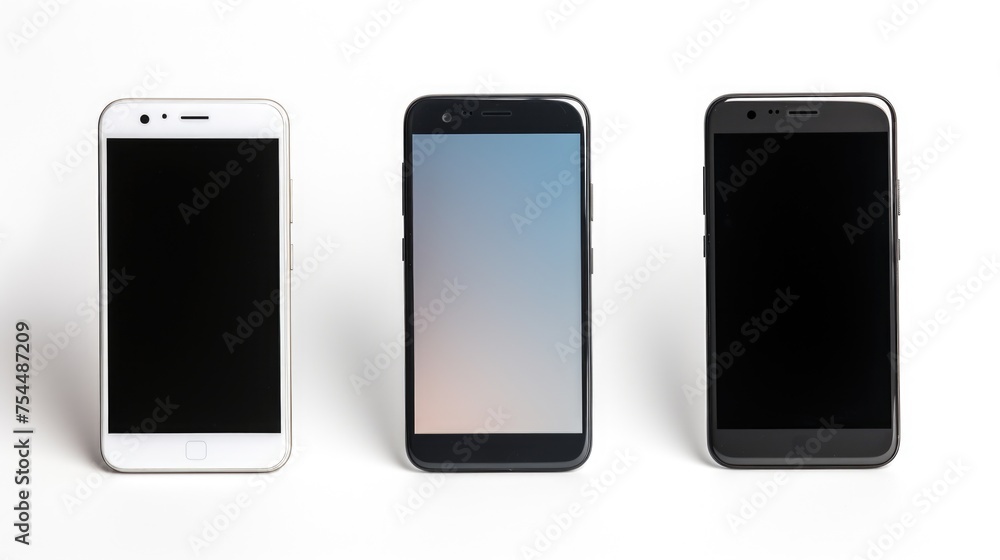 Poster three modern cell phones lined up on a surface. suitable for technology concepts