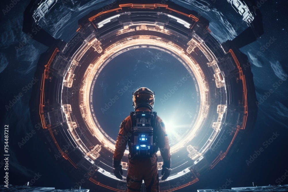 Aufkleber Astronaut in space suit in front of space station. Suitable for science fiction concepts