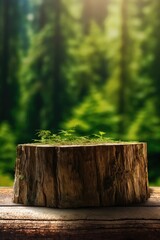 Fototapeta premium A tree stump resting on a wooden table. Ideal for nature and outdoor-themed designs