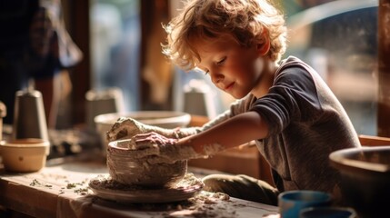 A curly-haired boy with hands stained with clay, immersed in the process of making ceramics, illuminated by the sun's rays in the background. - Powered by Adobe