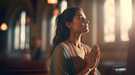 A woman is praying in a church. Suitable for religious concepts