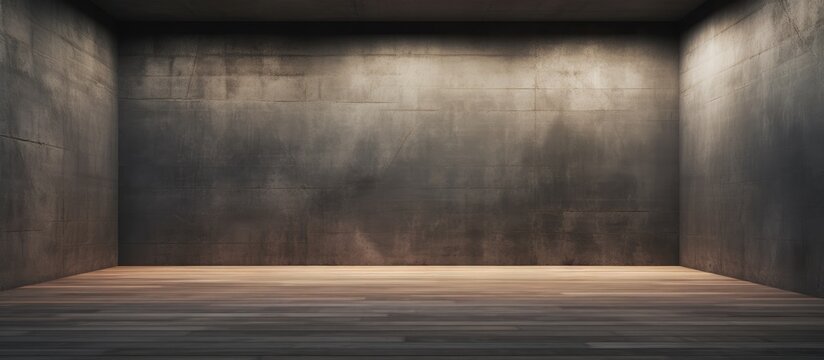 This image showcases an empty room with a minimalist design. The space features a wooden floor and concrete walls, creating a modern and industrial aesthetic.