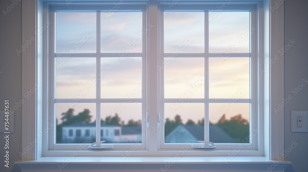 Poster a window with a view of a house in the distance. suitable for real estate concepts