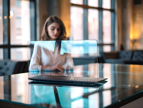 A woman is sitting with a transparent laptop in a modern office