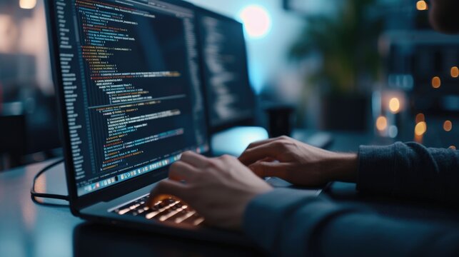 Close-up of a programmer's hands typing on a backlit keyboard, with lines of code displayed across multiple computer screens. AIG41