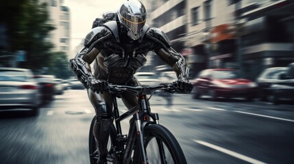 A mechanical humanoid robot with artificial intelligence rides an electric bicycle along the city streets among cars.