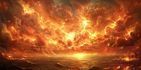 Apocalyptic Sky with Intense Swirling Clouds of Fire and Brimstone Illuminating the Heavens - obrazy, fototapety, plakaty
