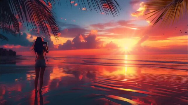 A woman taking picture in the beach at sunset. Seamless looping time-lapse 4k video animation background