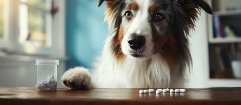 A dog is seated at a table with pills in front of him. The canine appears to be ready to take the medication given by the owner. The scene conveys the importance of pet health and the care provided by