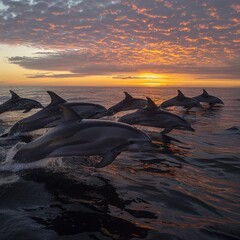 Pod of dolphins leaping through ocean waves at sunset, captivating marine wildlife scene, perfect for highlighting the beauty and grace of dolphins in a serene, picturesque setting