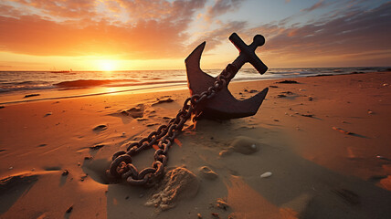 Giant rusted anchor and chain strewn along a shoreline at sunset; background image - obrazy, fototapety, plakaty