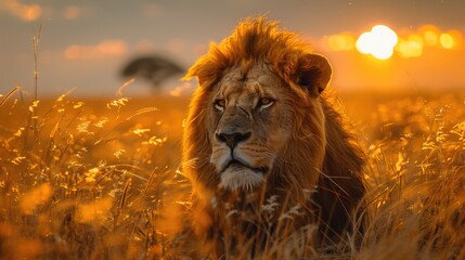 Lion king sitting watching over the African savannah - obrazy, fototapety, plakaty