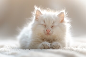 Fototapeta na wymiar fluffy white cute cat make a wish,Chinese Zen ,white background
