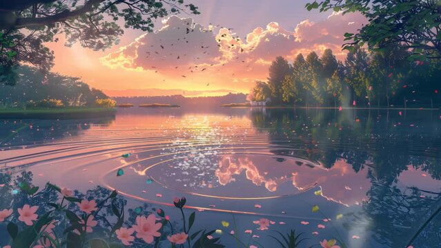 Painting of a Sunset Casting a Serene Glow Over the Lake. Seamless Looping 4k Video Animation