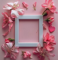 Pink Flowers Encircling Frame on Pink Background