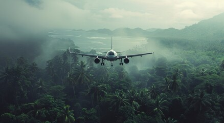 Fototapeta na wymiar Airplane Flying Over Forest of Palm Trees