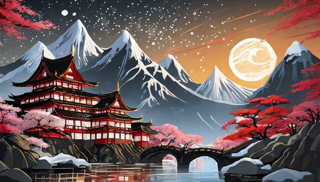 Princesa japonesa, castelo, noite, floresta negra, nevando, lua vermelha, vermelho preto, branco, antigo, japão feudal 