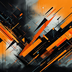 A black and orange background with an abstract design of sharp lines and angular shapes, creating a sense of energy and movement. The pattern is reminiscent of urban graffiti art, with bold, 1:1.