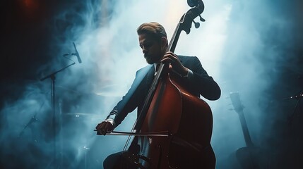 Soulful Serenade: Spellbinding Snapshot of a Jazz Cellist Performing on Stage Amidst Spotlights and...