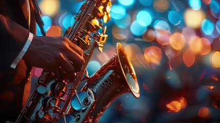Photo of jazz musician performing live on stage playing saxophone, bokeh background