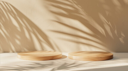 Two wooden round tray podium in sunlight, leaf shadow on beige wall background